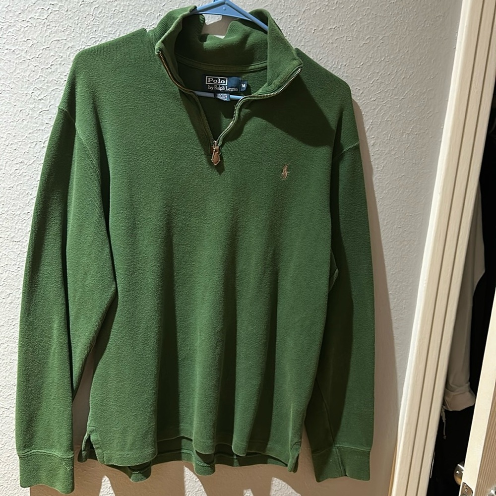 Men’s Polo Green V-Neck Sweater Pull Over Zipper